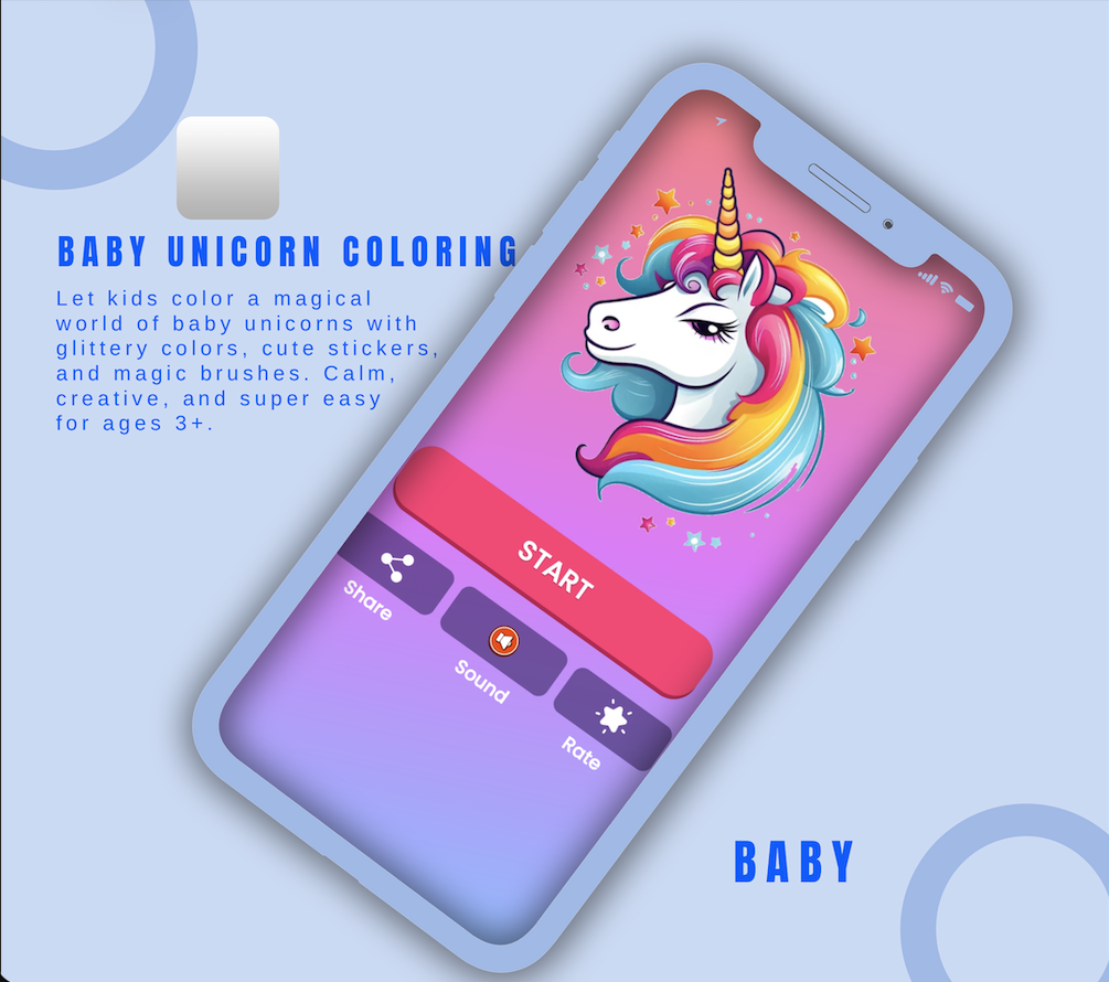 Baby unicorn coloring page with glitter brushes and color palette